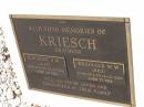 Emily KRIESCH,
died 11 March 1978 aged 83 years;
W. Harry KRIESCH,
died 3 Nov 1989 aged 91 years;
brothers;
Raymont J.W. (Ray) KRIESCH,
3-9-1928 - 24-3-1940 aged 11 12 years;
Reginald W.W. (Reg) KRIESCH,
17-8-1924 - 16-12-2001 aged 77 years;
Samsonvale Cemetery, Pine Rivers Shire
