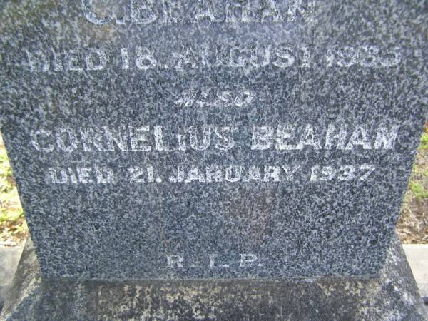 Ellen Rice,  | wife of C. BEAHAN,  | died 18 Aug 1935;  | Cornelius BEAHAN,  | died 21 Jan 1937;  | Bald Hills (Sandgate) cemetery, Brisbane  | 