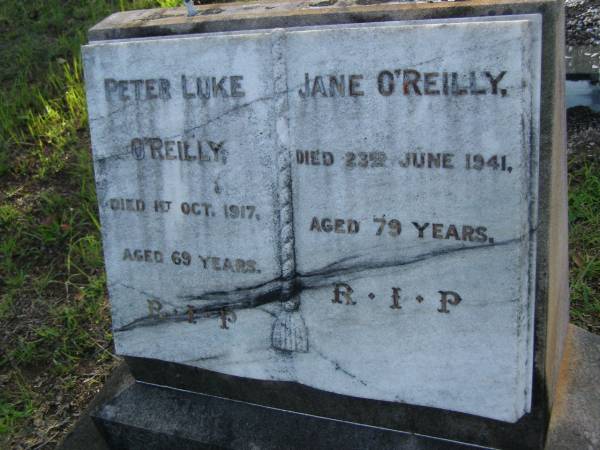 Peter Luke O'REILLY,  | died 1 Oct 1917 aged 69 years;  | Jane O'REILLY,  | died 23 June 1941 aged 79 years;  | Bald Hills (Sandgate) cemetery, Brisbane  | 