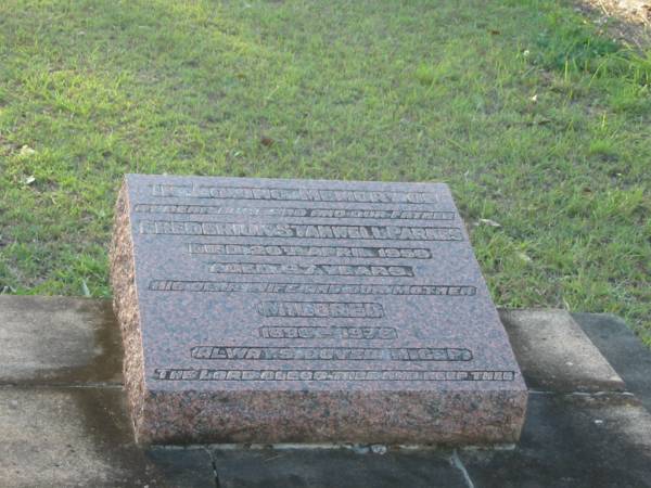 Frederick Stanwell PARKES,  | husband father,  | died 20 April 1958 aged 67 years;  | Mildred,  | wife mother,  | 1896 - 1976;  | Bald Hills (Sandgate) cemetery, Brisbane  | 