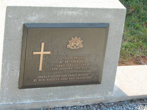 A.H. ONIONS,  | died 4 Jan 1957 aged 57 years,  | missed by wife Rosetta, sons & daughters;  | Bald Hills (Sandgate) cemetery, Brisbane  | 