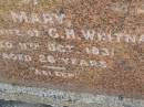 Mary,
wife of G.H. WHITNALL,
died 11 Oct 1931 aged 26 years;
Bald Hills (Sandgate) cemetery, Brisbane