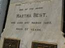 John,
husband of Martha BEST,
died 9 Sept 1915 aged 72 years;
Martha BEST,
died 21 March 1927 aged 87 years;
Herbert Joseph BEST,
26-6-1870 - 24-4-1960;
Grace Harriet BEST,
9-4-1884 - 6-8-1964,
ashes scattered;
Gordon William BARNFIELD,
5-5-1923 - 18-8-2001;
Dorothea BARNFIELD,
1-10-1920 - 25-6-2004,
ashes scattered;
Bald Hills (Sandgate) cemetery, Brisbane