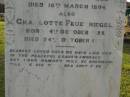 Hermann FEUERRIEGEL,
died 3 Feb 1910 aged 61 years;
George,
son,
killed in action France 12 Oct 1917 aged 33 years;
Anna Bertha,
wife of F.W.H. FEUERRIEGEL,
born Nundah 29 May 1860,
died 27 Nov 1932;
Adolph FEUERRIEGEL,
born 11 Jan 1822,
died 16 March 1894;
Charlotte FEUERRIEGEL,
born 4 Oct 1823,
died 24 Oct 1899;
Bald Hills (Sandgate) cemetery, Brisbane