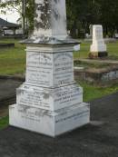 Mary Elizabeth SOUTHERDEN,
wife of Edward Barton SOUTHERDEN of
Langholme Sandgate,
died Narangba Friday 20 July 190 aged 67 years;
Edward Barton SOUTHERDEN,
born 24 Nov 1830 Isle of Thanet,
died Langholme Sandgate 17 Dec 1906;
Charles Benjamin,
son,
died 18 March 1930 aged 56 years;
Edward Barton SOUTHERDEN,
29 April 1859 - 26 March 1944;
Frances,
wife,
11 March 1864 - 19 July 1942;
Dora,
daughter,
15-3-90 - 25-4-71;
Vera,
daughter,
15-9-88 - 21-7-77;
Lucy March SOUTHERDEN,
died Langholme Wed 6 May 1903 aged 46 years;
Edith Ada,
sister,
died 11 Aug 1914 aged 44 years,
interred Rugby Cemetery England;
Annie C. SOUTHERDEN,
died 16 Nov 1938;
Bald Hills (Sandgate) cemetery, Brisbane