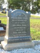 William Henry EWING,
died 4 Sept 1929;
Enid Muriel EWING,
daughter,
died 26 March 1941;
Mary Ann EWING,
wife,
died 2 Feb 1951;
Myra EWING,
died 5 Feb 9170;
Phyllis EWING,
died 7 March 1979;
Bald Hills (Sandgate) cemetery, Brisbane