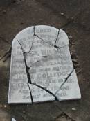 James WILSON,
father,
died 2 Feb 1902 aged 47 years;
Jane Colledge,
mother,
died 26 Jan 1932 aged 78 years;
James Colledge,
son,
died 2 May 1903 aged 23 years;
Evelyn Ann WILSON,
died 24 Sept 1909 aged 3 years;
Gertrude Jane,
wife of Arthur CRUSE,
died ?? Oct 1905 aged ?3 years;
Evelyn WILSON,
died 25 Nov 1909? aged 22 years;
Bald Hills (Sandgate) cemetery, Brisbane