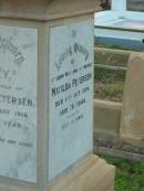 Mads C. PETERSEN,
faher,
died 17 July 1946 aged 91 years;
Lilley,
daughter of M.C. & M. PETERSEN,
died 4 May 1916 in 25th year;
Matilda PETERSEN,
wife mother,
died 17 Oct 1934 aged 75 years;
Bald Hills (Sandgate) cemetery, Brisbane