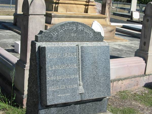 Ruby Irene Langhorne died 3 Dec 1946 aged 63  | Anglican Cemetery, Sherwood.  |   |   | 
