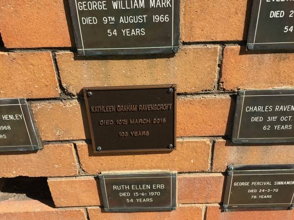 Kathleen Graham RAVENSCROFT  | d: 10 Mar 2015 aged 103  |   | Sherwood (Anglican) Cemetery, Brisbane  |   |   | 