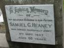 Samuel G. HEANEY, husband father,
died 5 Sept 1947 aged 80 years;
Slacks Creek St Marks Anglican cemetery, Daisy Hill, Logan City