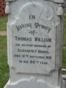 Elizabeth Frances,
wife of Thomas W. USHER,
died 7 Feb 1914 aged 68 years;
Thomas William, husband of Elizabeth F. USHER,
died 12 Sept 1931 in 86th year;
Slacks Creek St Marks Anglican cemetery, Daisy Hill, Logan City