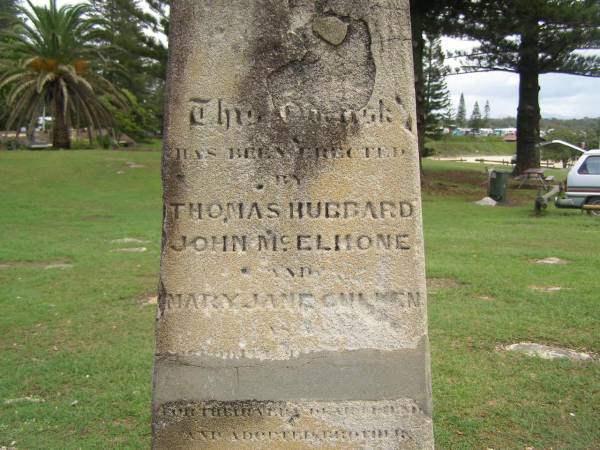 Frederick Stephen WHITE,  | died 2 June 1864,  | erected by Thomas Hubbard, John McElhone, Mary Jane Cullen;  | South West Rocks, New South Wales  | 