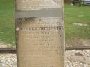 Frederick Stephen WHITE,
died 2 June 1864,
erected by Thomas Hubbard, John McElhone, Mary Jane Cullen;
South West Rocks, New South Wales