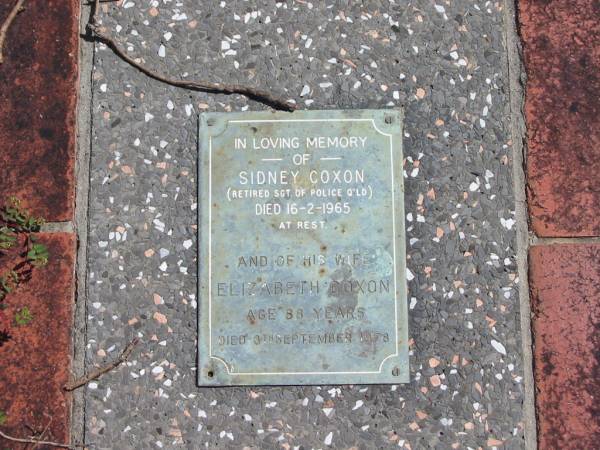 Sidney COXON  | 16-2-1965  |   | wife  | Elizabeth COXON  | 88 yrs  | 8 Sep 1978  |   | St Margarets Anglican memorial garden, Sandgate, Brisbane  |   | 