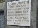 Mary Louisa MACK
29 Nov 1958, aged 77
William Charles MACK
3 Dec 1960, aged 68
Charles William MACK
27 Mar 1966, aged 82
Stone Quarry Cemetery, Jeebropilly, Ipswich