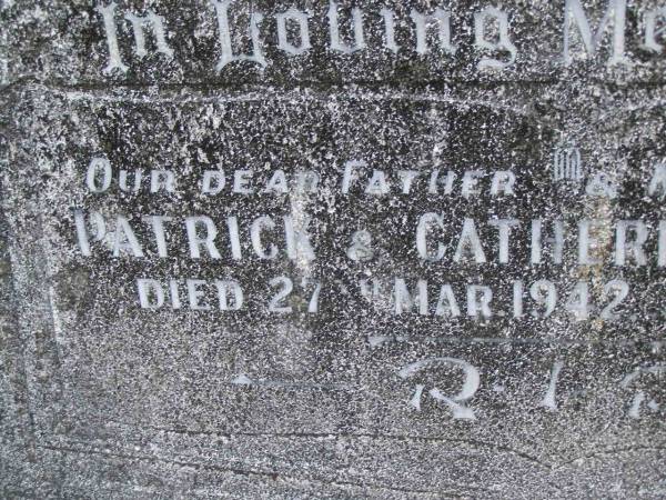 Patrick MULCAHY,  | father,  | died 27 Mar 1942;  | Catherine MULCAHY,  | mother,  | died 6 June 1943;  | Tallebudgera Catholic cemetery, City of Gold Coast  | 