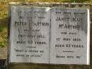 Peter MCARTHUR,
husband father,
died 26 July 1915 aged 69 years;
Janet Main MCARTHUR,
mother,
died 1 May 1920 aged 67 years;
Tallebudgera Presbyterian cemetery, City of Gold Coast