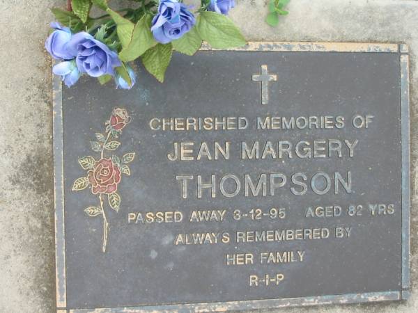 Jean Margery THOMPSON  | 3 Dec 1995, aged 82  | Tamrookum All Saints church cemetery, Beaudesert  | 