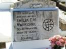 Emilia E.M. MARSCHKE, wife mother,
died 31 March 1935 aged 57 years;
Tarampa Apostolic cemetery, Esk Shire