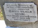 Heinrich Wilhelm DIESING,
father grandfather great-grandfather,
priest Tarampa Apostolic Church,
died 1 March 1969 aged 74 years;
Tarampa Apostolic cemetery, Esk Shire