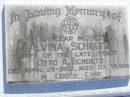 Alvina SCHULTZ, mother,
wife of Otto A. SCHULTZ,
died 29 April 1992 aged 87 years;
Tarampa Apostolic cemetery, Esk Shire