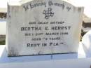Bertha E. HERBST, mother,
died 21 March 1946 aged 75 years;
Tarampa Apostolic cemetery, Esk Shire