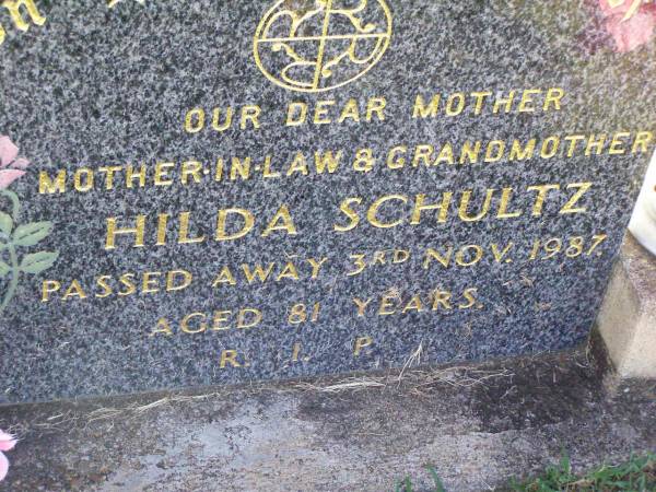 Hilda SCHULTZ,  | mother mother-in-law grandmother,  | died 3 Nov 1987 aged 81 years;  | Tarampa Apostolic cemetery, Esk Shire  | 