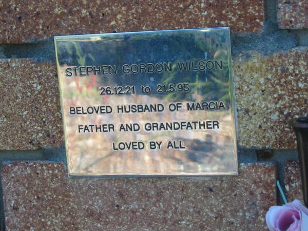 Stephen Gordon WILSON,  | 26-12-21 - 21-5-95,  | husband of Marcia,  | father grandfather;  | Tea Gardens cemetery, Great Lakes, New South Wales  | 