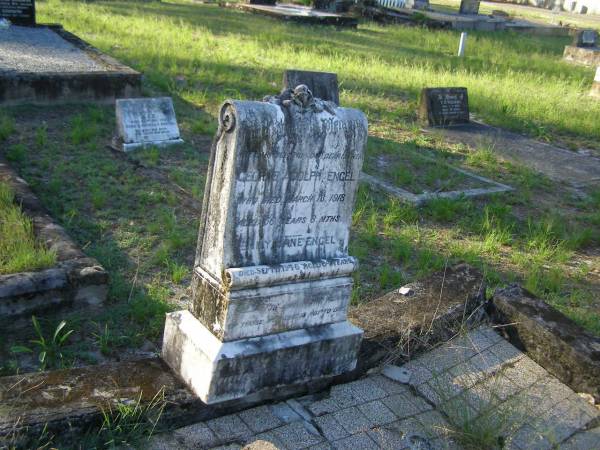 George Adolph ENGEL,  | husband father,  | died 13 March 1918 aged 56 years 8 months;  | Emily Jane ENGEL,  | died 11 Sept 1946 aged 84 years;  | Tea Gardens cemetery, Great Lakes, New South Wales  | 