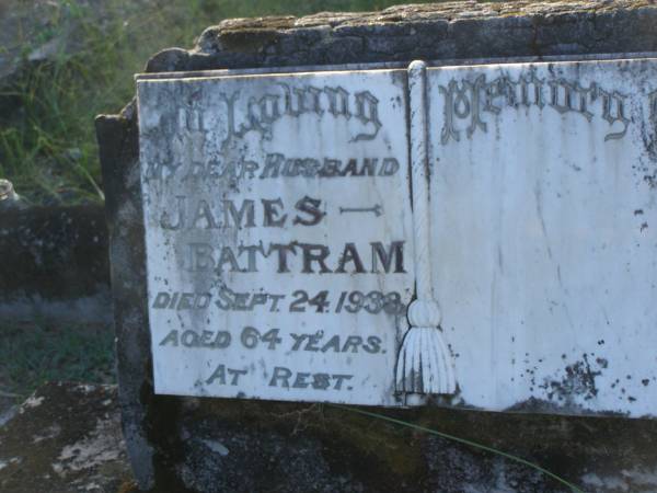 James BATTRAM  | husband,  | died 24 Sept 1938 aged 64 years;  | Tea Gardens cemetery, Great Lakes, New South Wales  | 