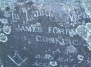 James Forrest Turnbull CUNNINGHAM,
died 1 May 1940 aged 50 years;
Tea Gardens cemetery, Great Lakes, New South Wales