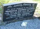 Murdoch Thomas GODWIN,
husband father,
died 8 Oct 1979 aged 89 years;
Linda May GODWIN,
wife mother,
died 23 Oct 1990 aged 91 years;
Tea Gardens cemetery, Great Lakes, New South Wales