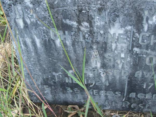 Anne Christine ASHTON,  | died 30 June 1924 aged 39 years;  | Christopher ASHTON,  | died 17 June 1959 aged 81 years;  | Tiaro cemetery, Fraser Coast Region  | 