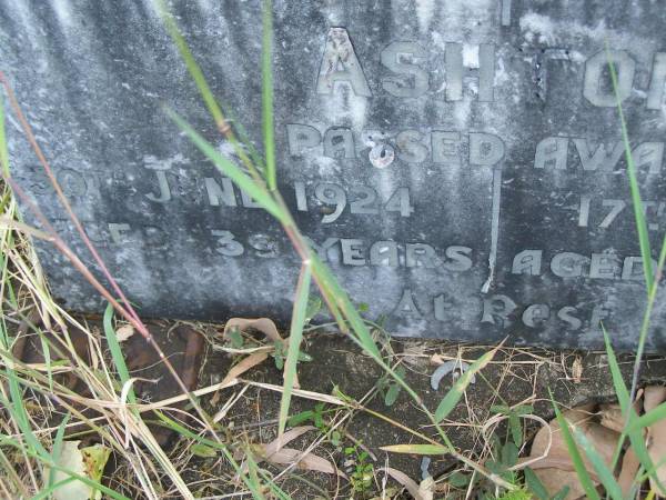 Anne Christine ASHTON,  | died 30 June 1924 aged 39 years;  | Christopher ASHTON,  | died 17 June 1959 aged 81 years;  | Tiaro cemetery, Fraser Coast Region  | 