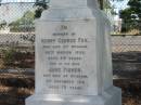
Henry George FOX died 20 Mar 1899 age 54 years,
wife Jane Fisher died 8th Nov 1916 aged 72 years,
Tingalpa Christ Church (Anglican) cemetery, Brisbane
