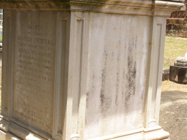 Toowong Cemetery, por 13, sect 29, grave 22;  | Bell Harry Frederic Hawkesley, 12 / 10 / 1938, 81 years;  | Bell Charles Frederick, 19 / 08 / 1875;  |   | Toowong cemetery portion 13  sect 29  grave 11;  | Hobbs Ivy Phyllis, 09 / 08 / 1915;  | Bell Harriett, 28 / 05 / 1913, 93 years;  |   | Charles Frederick (BELL),  | eldest son of late Charles BELL,  | of 29 Stanley Gardens Kensington Park, London,  | d: 20 Aug 1872, aged 45;  |   | (wife) Harriett BELL,  | d: 20 May 1913;  |   | (son) F.H. BELL,  | d: 16 Aug 1938;  |   |   | Phyllis HOBBS,  | d: 8 Aug 1915;  |   | A.C. BODEN,  | d: 26 Nov 1945;  |   | Florence A BODEN,  | wife of A C BODEN,  | d: 14 Oct 1948;  |   | 