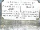 parents;
Charlotte Ann LITHERLAND,
died 13 Dec 1953 aged 85 years;
David LITHERLAND,
died 20 July 1922 aged 58 years;
Ivy May LITHERLAND,
died 26-3-1978 aged 80 years;
Reginal David LITHERLAND,
died 1934? aged 84 years;
Upper Caboolture Uniting (Methodist) cemetery, Caboolture Shire