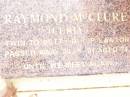James MCCLURE,
died 2 Jan 1918 aged 73 years;
Mary Elizabeth, wife,
died 22 Jan 1944 aged 87 years;
children:
Mary Ada, died 8 July 1932 aged 67 years;
William James,
died Longreach 24 Nov 1899 aged 20 years;
Arthur Walter,
died 21 Feb 1906 aged 18 years;
Beatrice Amy,
died Feb 1893 aged 4 years;
James Atkinson & Gertrude Louisa, died in infancy;
Atkinson MCCLURE,
born County Armagh Ireland,
accidentally drowned
24-12-1868 Amby Downs Station aged 27 years;
John William MCCLURE,
died 8-7-93 aged 68 years,
missed by brothers & sisters;
Ethel Jane MCCLURE,
died 5 May 1973 aged 82 years;
Albert John MCCLURE,
died 24 July 1961 aged 79 years;
Alfred Thomas MCCLURE,
died 1 Nov 1876 aged 82 years;
Raymond MCCLURE (Curly),
twin to Betty R.I.P. Lawton,
died 24-8-01 aged 74;
Upper Caboolture Uniting (Methodist) cemetery, Caboolture Shire