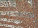 Jessie,
wife of C.E. GARRARD,
died 17 Sept 1958 aged 59 years;
Upper Coomera cemetery, City of Gold Coast
