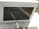 Kathleen Evelyn SMITH,
wife of Russell SMITH,
died 7-7-2004 aged 79 years;
Upper Coomera cemetery, City of Gold Coast