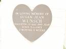 Susan Jean WUNSCH,
daughter of Reg & Jean,
born 3-1-1953,
died aged 2 months 3 weeks;
Warra cemetery, Wambo Shire