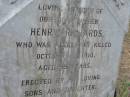 Henry RICHARDS,
father,
accidentally killed 4 Oct 1910 aged 59 years,
erected by sons & daughter;
Warra cemetery, Wambo Shire