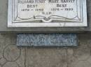 parents;
Richard Henry BEST,
1872 - 1949;
Mary Harvey BEST,
1876 - 1953;
Richard Warra BEST,
died 6 Aug 1983 aged 80 years;
Warra cemetery, Wambo Shire