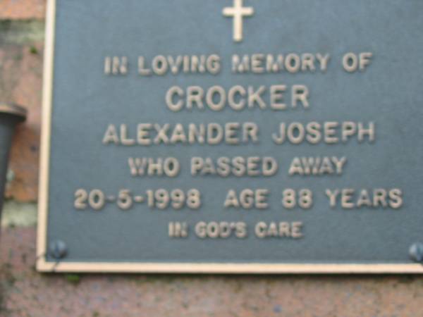 Alexander Joseph CROCKER,  | died 20-5-1998 aged 88 years;  | Woodford Cemetery, Caboolture  | 