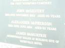 
John McGilvery
d: 10 Nov 1882 aged 40
Alexander McPherson
d: 30 Jun 1884 aged 52
James McMurtrie
(killed at the building site of Yatesville Hotel)
Woodford Pioneer Cemetery

