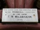 This lytch gate was erected here in the Woodhill cemetery by the late
F W WILBRAHAM
1935
Woodhill cemetery (Veresdale), Beaudesert shire