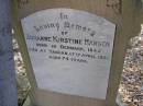 
Johanne Kirstine HANSEN,
born Denmark 1847,
died Yangan 17 April 1921 aged 74 years;
Yangan Presbyterian Cemetery, Warwick Shire
