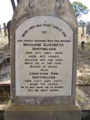 
Nekolene Elizabeth BERTHELSEN,
wife mother,
died 10 July 1904 aged 43 years;
Christian Emil BERTHELSEN,
died 24 July 1929 aged 72 years;
Yangan Presbyterian Cemetery, Warwick Shire
