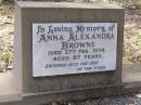 
Anna Alexandra BROWNE,
died 27 Feb 1874 aged 87 years;
Yangan Presbyterian Cemetery, Warwick Shire
